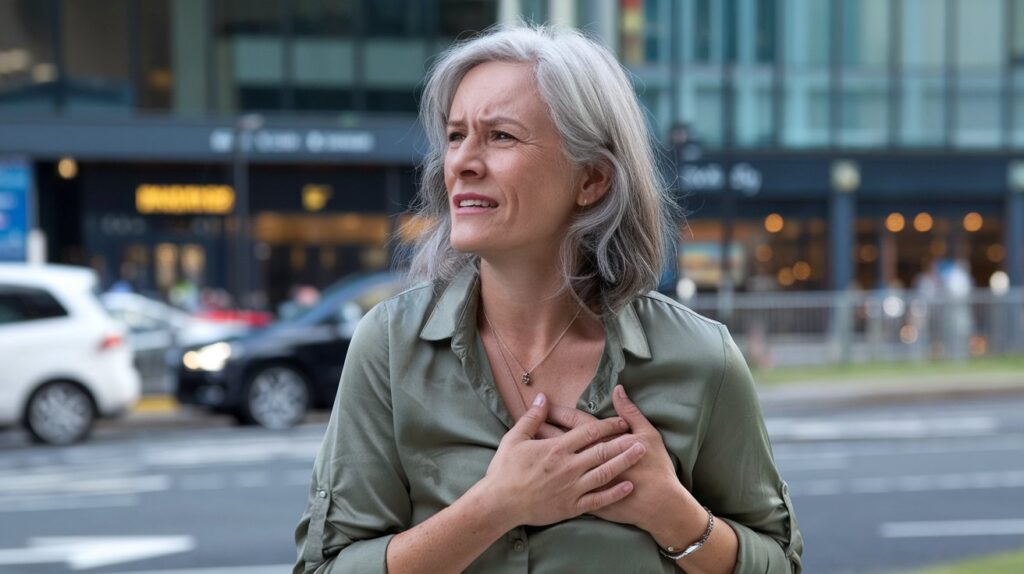 a middle-aged woman with grey hair, who is attractive, clutching her chest in Brisbane, Australia. She is wearing a green shirt and a necklace and clutching her chest in pain