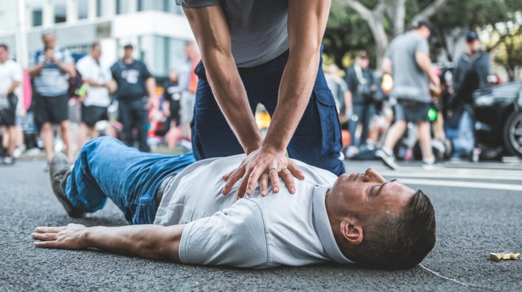 A man is positioned on the ground suffering a cardiac arrest. another man has hands placed on his chest, indicating CPR