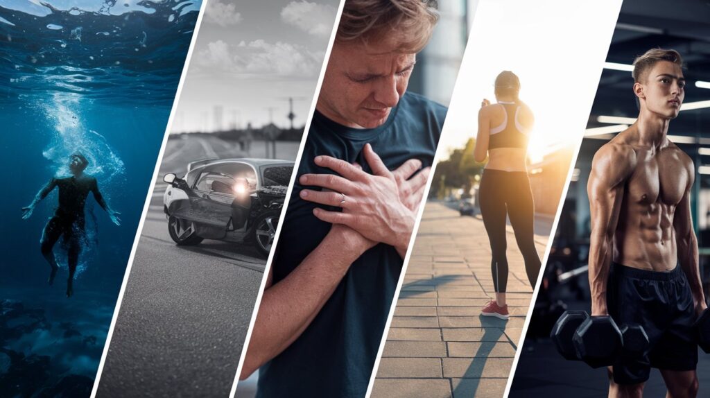 An image showing cardiac arrest causes. 
The first scene shows a person drowning in the sea. The second scene shows a car crash on the road. The third scene shows a person clutching their chest on the sidewalk. The fourth scene shows a person standing in the hot sun on a sidewalk. The fifth scene shows a young fit person working out at a gym.