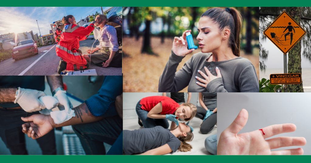 collage of person taking asthma puffer, getting bandaged, checking for breathingand looking at a cut