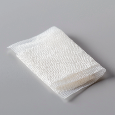 A folded piece of white sterile gauze lies on a smooth, gray surface. The gauze has a textured, woven appearance, indicating its use for medical and first aid purposes. The simplicity and clarity of the image highlight the gauze's clean and ready-to-use condition.






