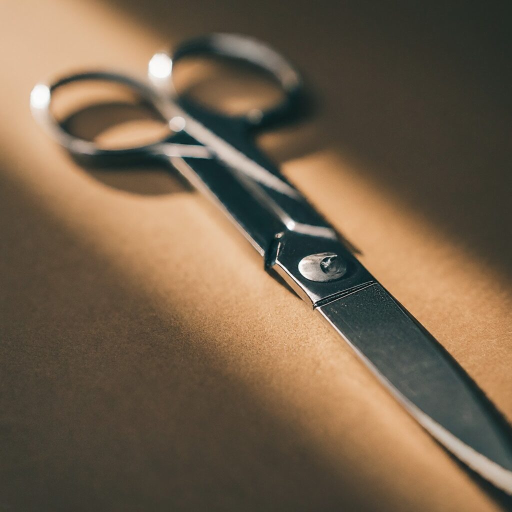 A pair of shiny metal scissors with a sleek design lies on a brown surface. The scissors are partially illuminated by a beam of light, casting soft shadows. The focus is on the blades, with the handles slightly out of focus, giving the image a dramatic and professional feel.






