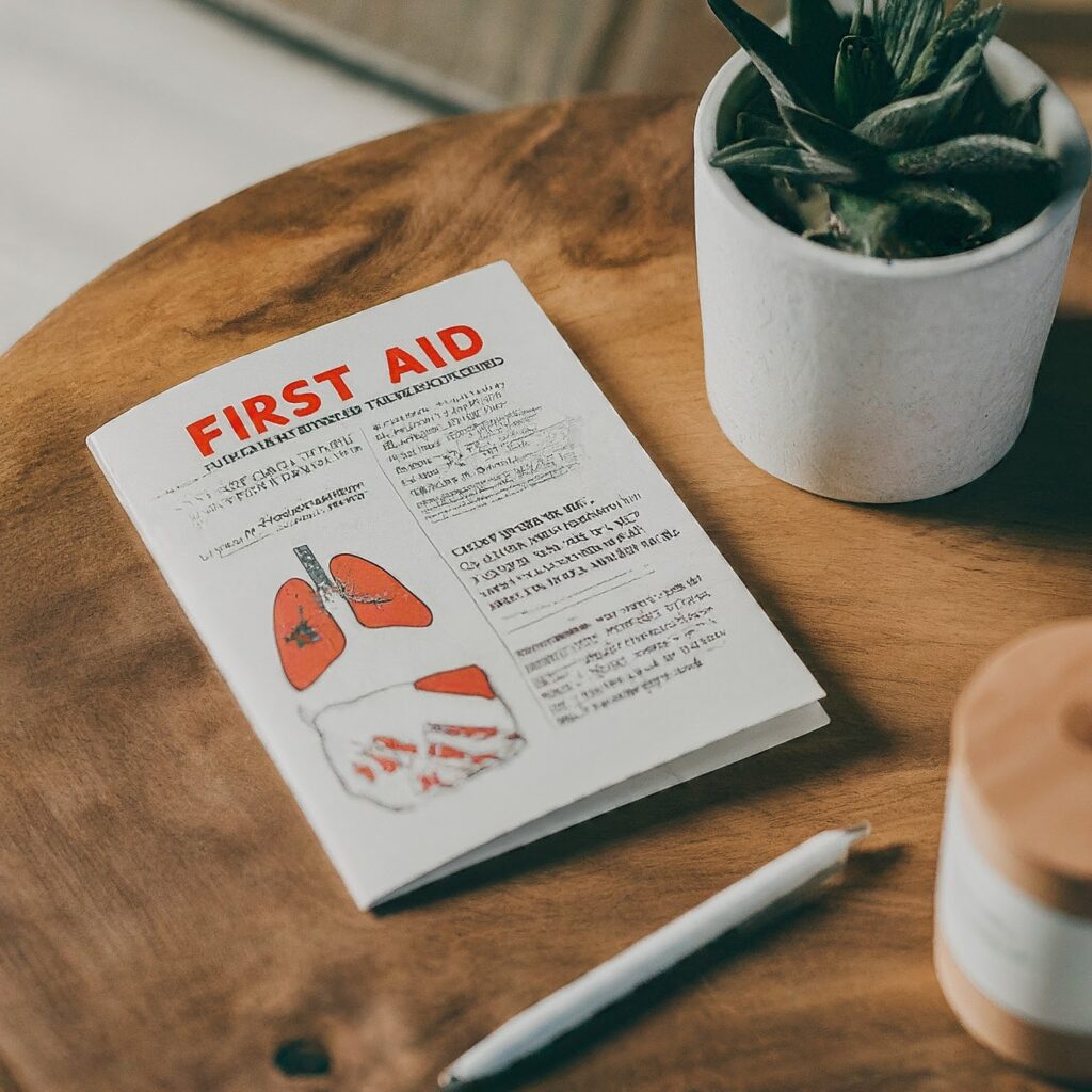 A first aid booklet lies open on a wooden table. The booklet has a cover featuring an illustration of human lungs and the word "FIRST AID" prominently in red at the top. Next to the booklet, there is a white pen and a small potted plant. The setting suggests a calm and organized environment, possibly for study or training.






