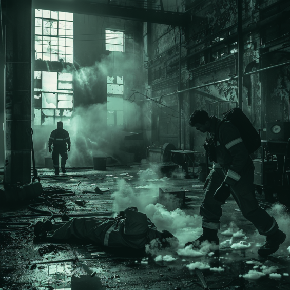 A dramatic, gritty scene set in what appears to be an abandoned or industrial building. The image shows two individuals wearing protective gear, possibly firefighters or rescue workers, amidst smoke and debris. One person is bending over an unconscious individual lying on the ground, while the other is walking towards them through the smoky, dilapidated environment. The lighting is dark and moody, enhancing the intense, urgent atmosphere of the situation.





