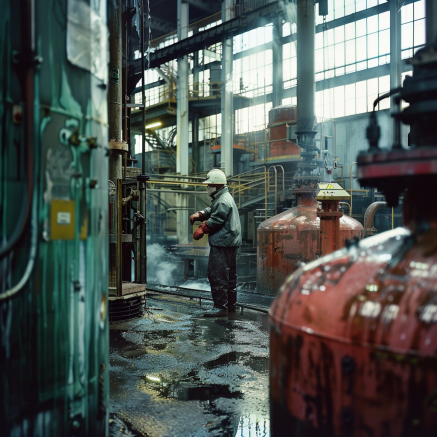 An industrial factory setting featuring a worker in safety gear, including a hard hat and protective clothing. The worker is standing near large industrial machinery and pipes, possibly conducting maintenance or inspection. The environment is wet, with reflections on the floor indicating recent activity or cleaning. The factory interior is spacious with high ceilings and large windows that let in natural light, creating a stark, utilitarian atmosphere. The scene highlights the importance of safety protocols and protective equipment in industrial workplaces.





