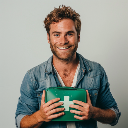 A cheerful man with tousled hair and a light beard, smiling brightly at the camera. He is holding a green first aid kit with a white cross symbol on it. He is dressed casually in a denim shirt over a white T-shirt. The plain background and his genuine, friendly expression convey a positive and approachable attitude towards first aid readiness.





