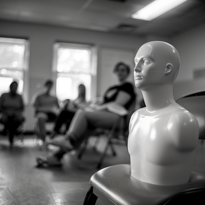 A black and white photograph of a first aid training session. In the foreground, there is a torso manikin used for CPR training placed on a chair. In the background, participants are seated in a semi-circle, attentively watching or listening, though they are out of focus. The image captures a candid, serious atmosphere of the training environment, highlighting the importance of learning life-saving skills.





