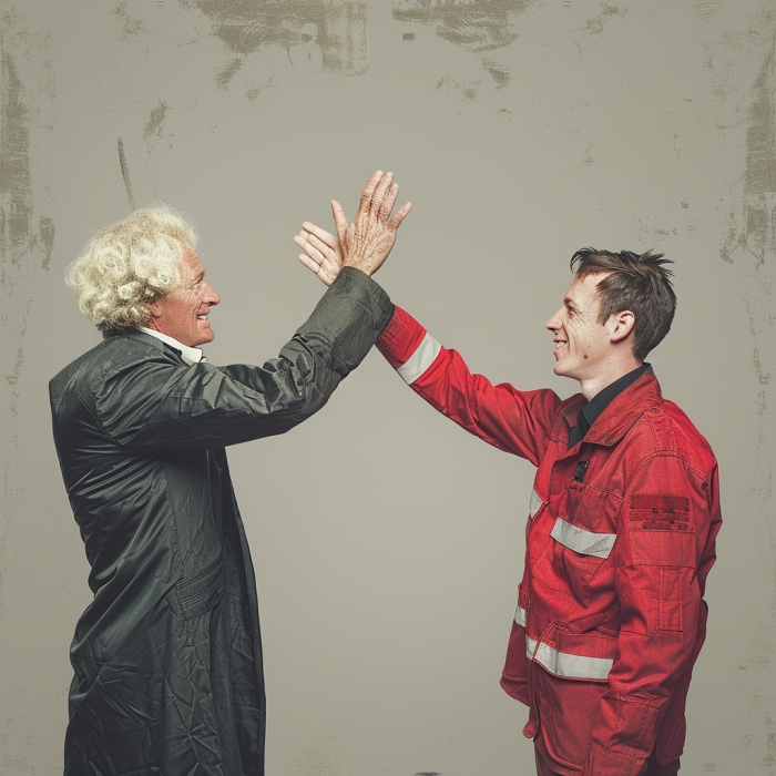 a judge and a first aider high five each other