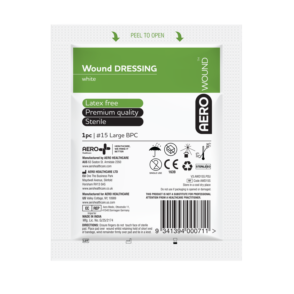 A packaged Aero wound dressing. The package is white with green accents and labeled "Wound DRESSING white" at the top. It is described as latex-free, premium quality, and sterile. The package contains 1 piece, labeled as #15 Large BPC. Manufacturer and product details, along with usage instructions, are printed on the lower part of the package. There are also various symbols indicating storage and handling instructions, such as "Peel to Open," single-use, and recycling information.








