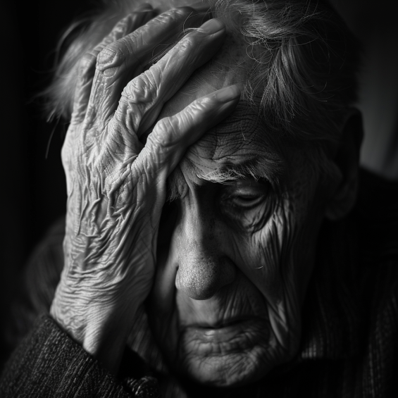 A poignant black and white portrait of an elderly man with deep wrinkles, looking distressed or confused. He is holding his head with one hand, as if in pain or deep thought. The expression on his face and the shadows accentuating his features convey a sense of sorrow or bewilderment. This image captures a powerful emotional moment, emphasizing the struggles and vulnerabilities that can come with age.





