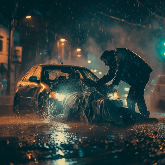 A dramatic night scene captured in the rain. A person is seen assisting another individual who appears to have been struck by a car. The car’s headlights illuminate the scene, highlighting the urgency and intensity of the situation. The helper is bending over the injured person, who is lying on the wet road. The setting is urban, with streetlights and buildings visible in the background, creating a tense and atmospheric mood.





