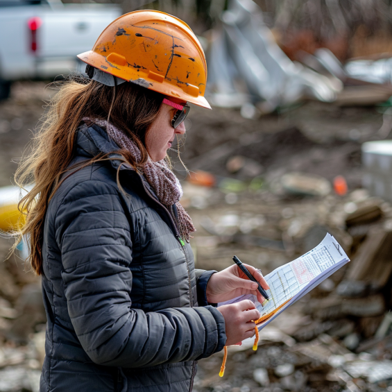 A woman wearing a hard hat and safety glasses is performing a risk assessment at a construction site. She is dressed in a warm jacket and a scarf, indicating cold weather. She is holding a clipboard and a pen, carefully noting observations. The background shows a construction area with debris and equipment, highlighting the importance of safety and thorough inspection in such environments. The woman’s focused expression underscores the critical nature of her task in ensuring workplace safety.





