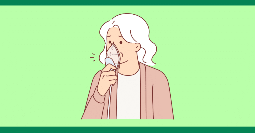 Illustration of a person with white hair using an oxygen mask on a light green background.