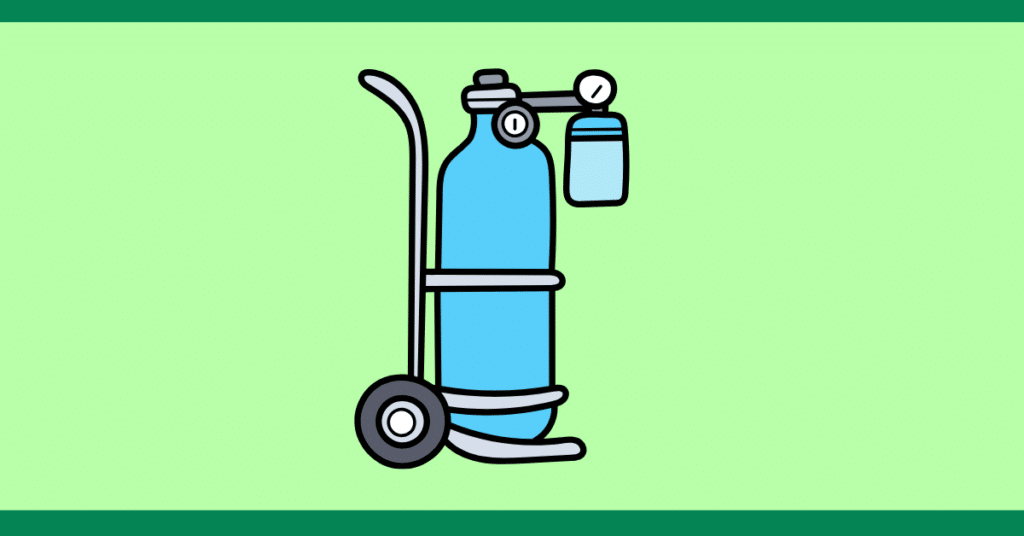 Illustration of a blue oxygen cylinder with a regulator and a mask on a light green background.