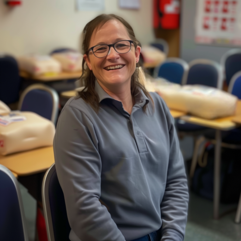 A cheerful woman wearing glasses and a gray polo shirt, seated in a classroom with first aid training mannequins visible in the background, indicating a first aid training session.