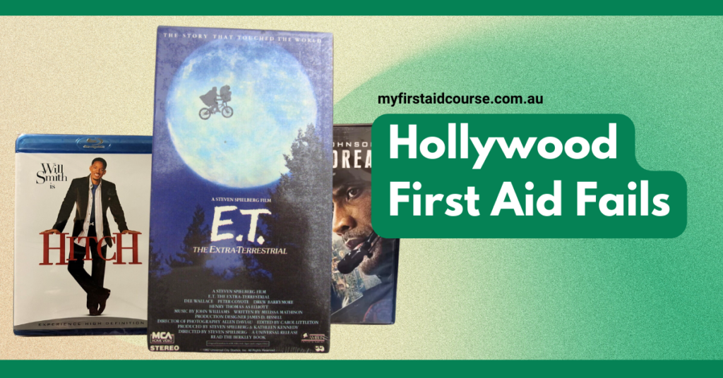 An image showing DVDs of "Hitch," "E.T. The Extra-Terrestrial," and "I Am Legend" placed next to each other. The text on the image reads "Hollywood First Aid Fails" and includes the website "myfirstaidcourse.com.au." The background is green, creating a clean and organized appearance.