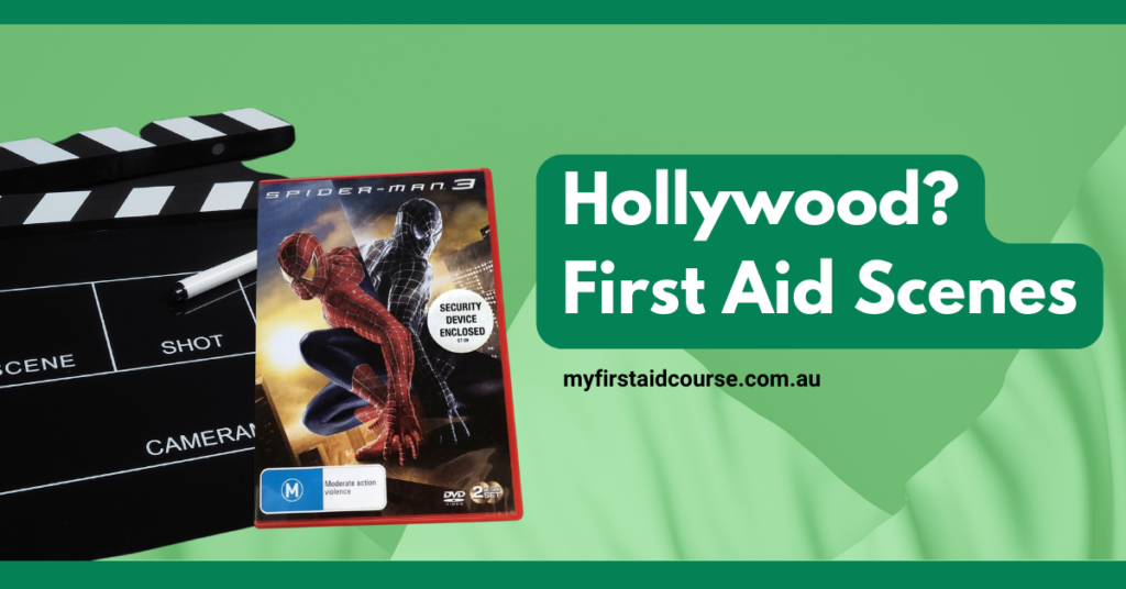 An image showing a DVD of "Spider-Man 3" placed next to a film clapperboard. The text on the image reads "Hollywood? First Aid Scenes" and includes the website "myfirstaidcourse.com.au." The background is green, giving a clean and organized look.