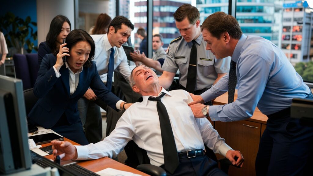 Office emergency scene: Colleagues and uniformed personnel attend to unconscious man in chair