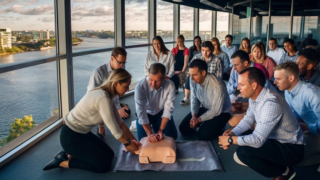 A corporate first aid training session is taking place in a modern office with large windows overlooking the Brisbane River. The view outside shows a beautiful river and cityscape. Inside, a group of business professionals is gathered around a CPR dummy. One person is demonstrating chest compressions while a woman assists and offers guidance. The participants are intently watching and learning, highlighting the importance of first aid skills in the workplace. The room is well-lit with natural light, creating a professional and engaging atmosphere.