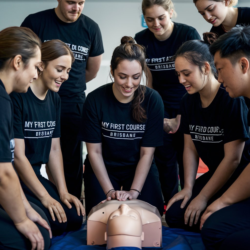 A group of young adults is participating in a first aid training session. They are all wearing matching black t-shirts with the text "My First Aid Course Brisbane" printed on them. The group is gathered around a CPR dummy, with one individual in the center performing chest compressions while the others watch attentively and offer support. The participants are smiling and appear engaged, indicating a positive and educational environment. The setting is a well-lit indoor space, enhancing the atmosphere of learning and collaboration.









