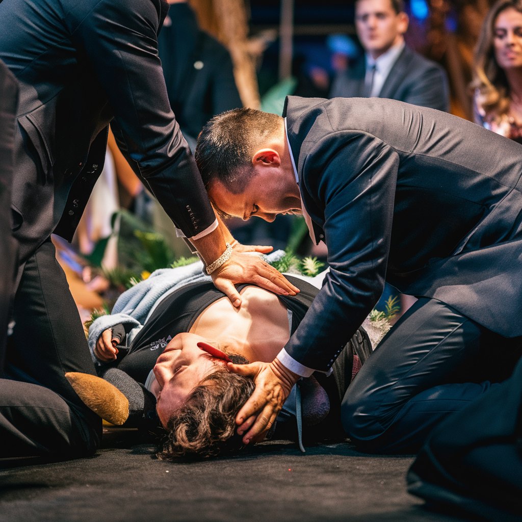 two men at an auction provide cpr to an unconscious person