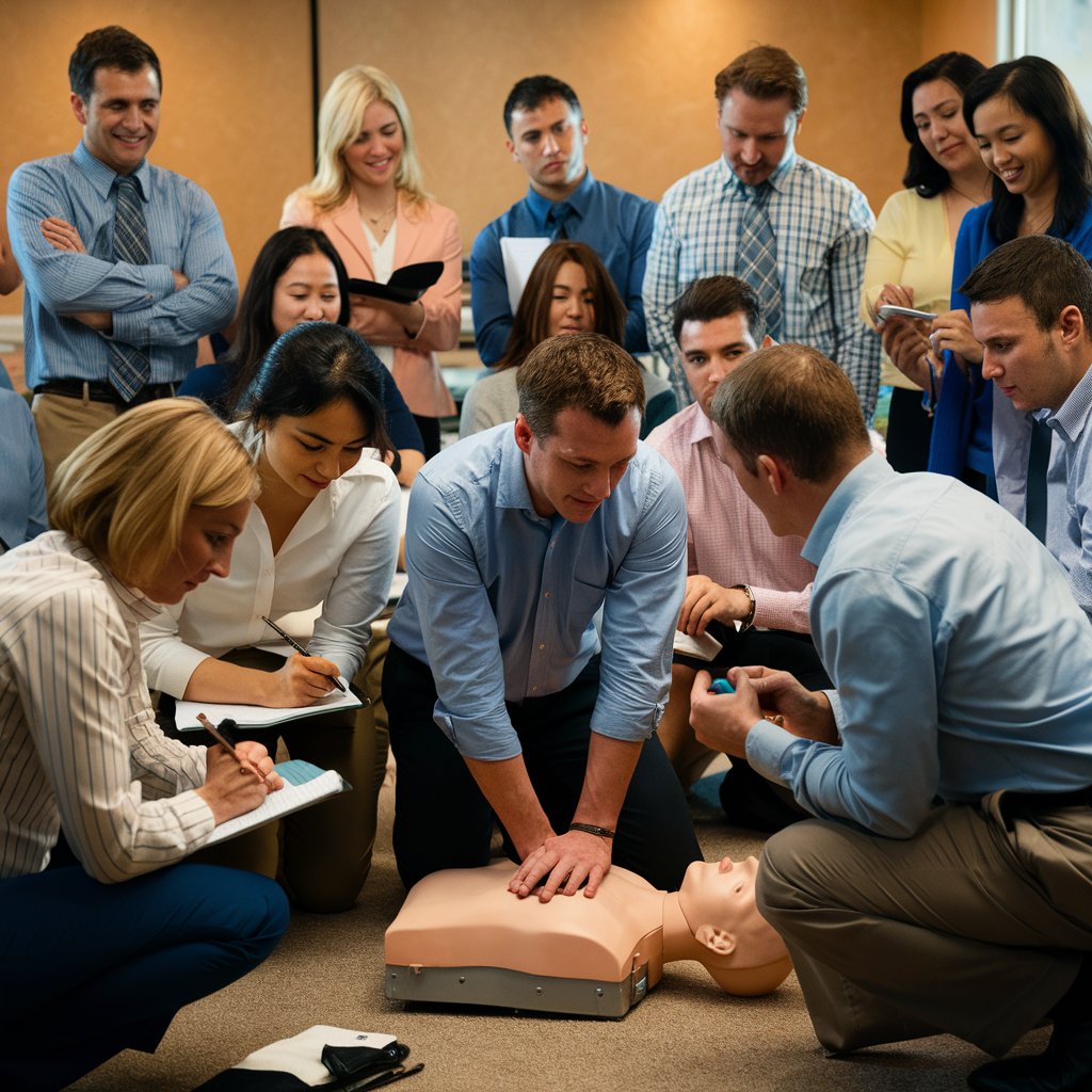 A group of business professionals is engaged in a first aid training session in a conference room. They are gathered around a CPR dummy, with one man demonstrating chest compressions while others observe closely, take notes, and ask questions. The participants are dressed in business casual attire and appear focused and attentive. The setting is well-lit, and the atmosphere is serious and educational, highlighting the importance of first aid skills in a professional environment.








