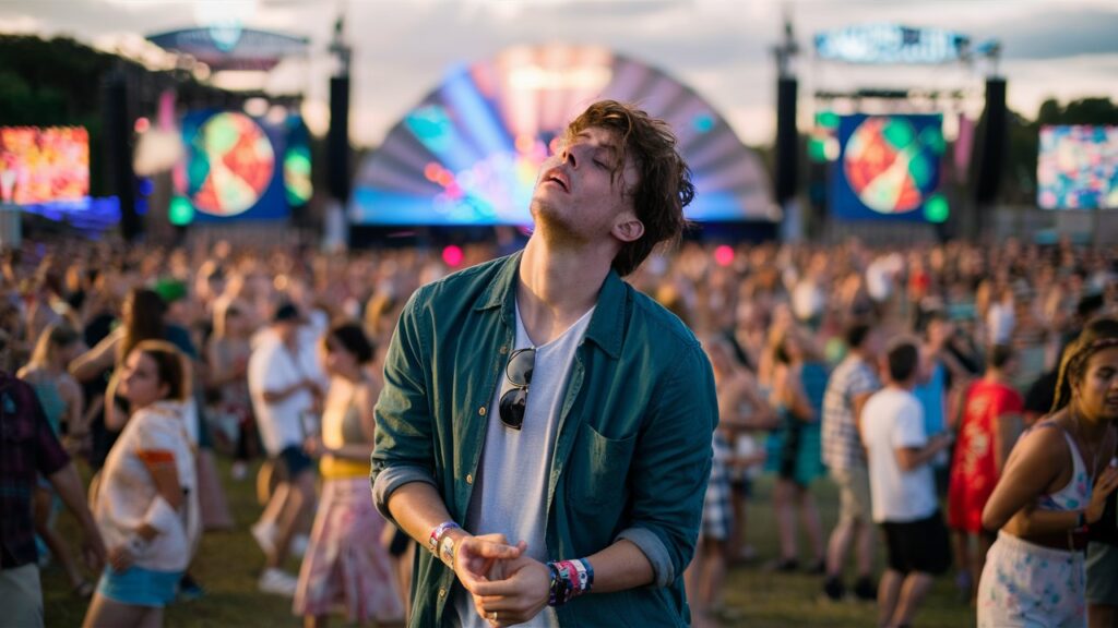 a young man is about to faint at splendour in the grass music festival australia