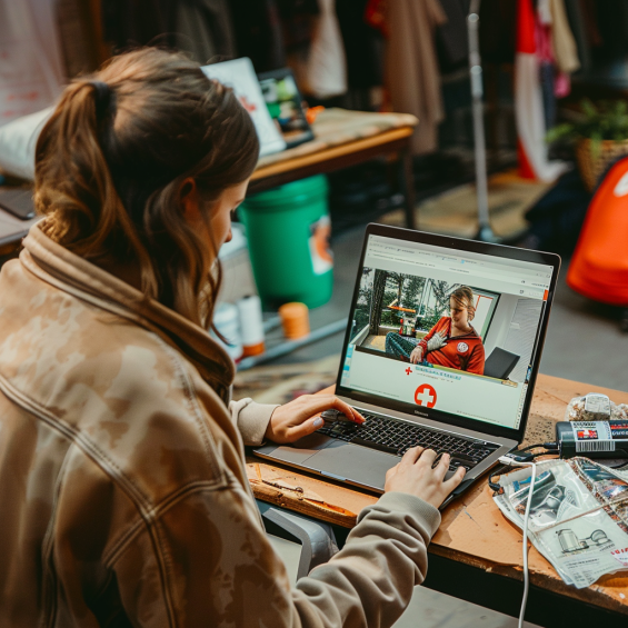 : A woman sits at a desk, engaged with an online first aid course on her laptop. The screen shows a first aid training video featuring an instructor in a red shirt. The setting appears casual and cluttered, with various items and a green trash can visible in the background.