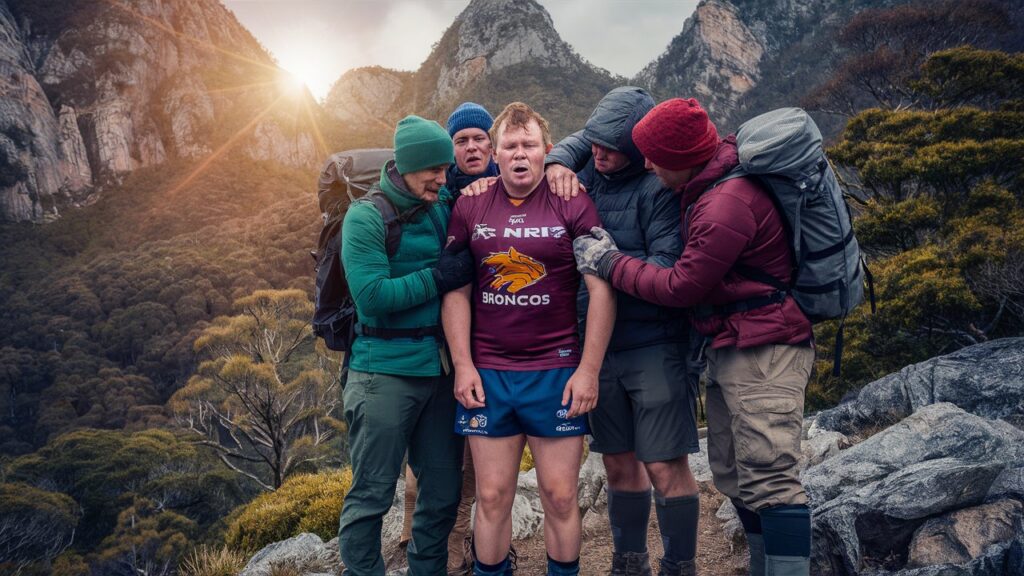 Five hikers are pictured in a mountain setting near Brisbane, specifically Mt Tambourine. One hiker, dressed in shorts and a maroon Broncos NRL jersey, appears to be in distress, showing early signs of hypothermia. He is shivering uncontrollably, looking tired, and mumbling incoherently. The other four hikers, dressed warmly in winter gear, are gathered around him, trying to help. The backdrop features snow-covered trees and rugged mountain terrain, with sunlight peeking through the clouds.






