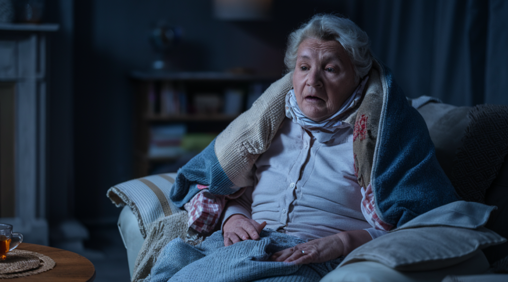 An elderly woman is sitting in a cozy living room, wrapped in multiple blankets, showing signs of hypothermia. She looks visibly cold and distressed, with a scarf around her neck and a concerned, slightly dazed expression on her face. Her skin appears pale, and she seems to be shivering. 
