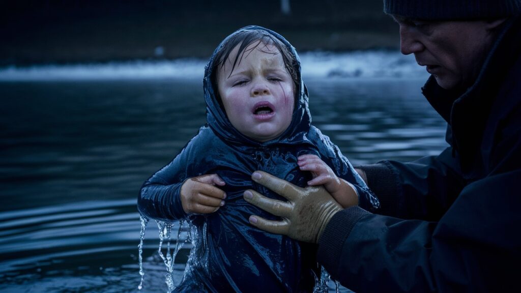  A young child, dripping wet and shivering, experiencing shock after being rescued from water. The child looks distressed and cold, with an adult's hands providing support. The background shows a body of water and a dark, moody atmosphere.



