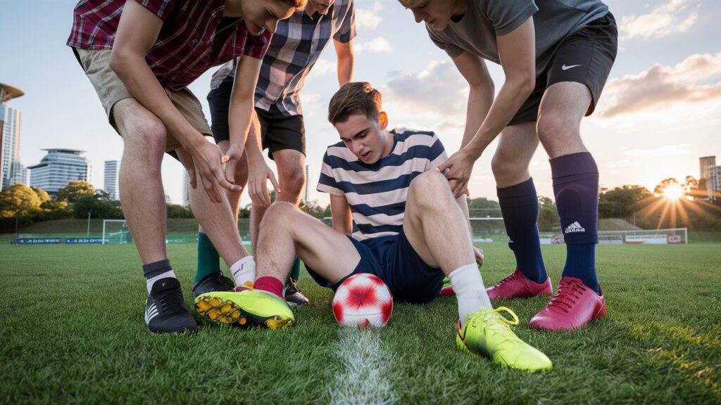 a young man struggling with a sprained ankle on a soccer field in Brisbane. Surrounding him arehis concerned friends, ready to help.