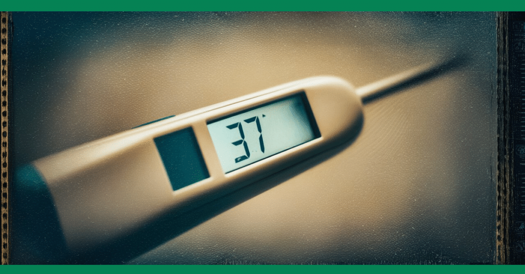 The image shows a digital thermometer displaying a reading of 37°C,