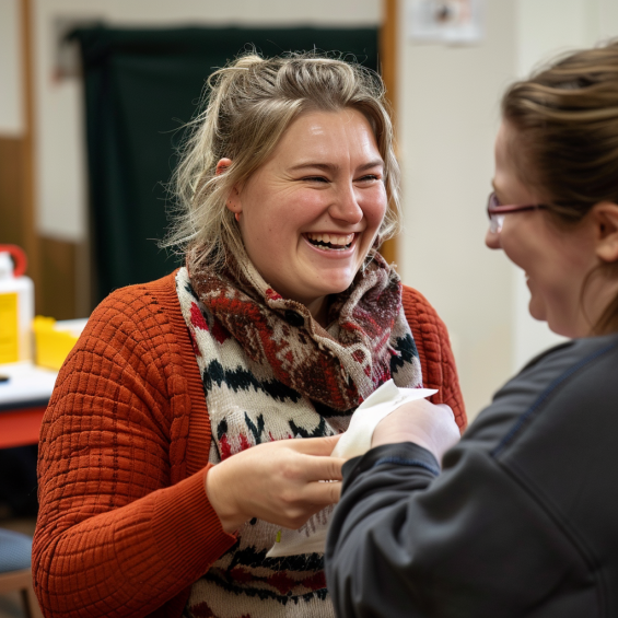 The image shows two women interacting in a cheerful and friendly manner. One woman, dressed in a patterned sweater and an orange cardigan, is holding a bandage and smiling warmly. The other woman, who is partially visible, appears to be wearing glasses and is also smiling. The background suggests an indoor setting, possibly a classroom or a training room, with various items and equipment visible. The image captures a positive and engaging moment, likely during a first aid training session, emphasizing a supportive and collaborative environment.