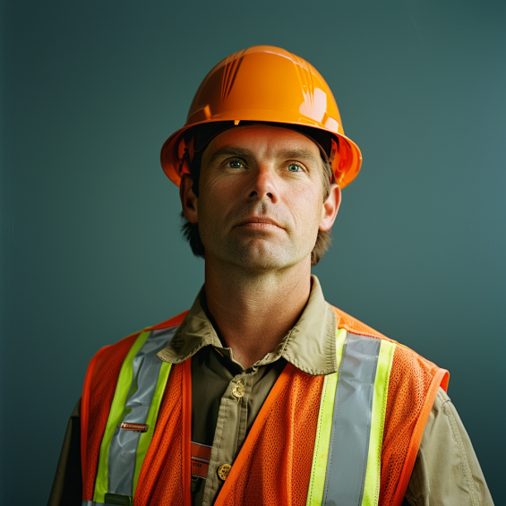 A man wearing an orange hard hat and a high-visibility safety vest, looking confidently ahead. The background is plain, highlighting his role in workplace safety and construction.