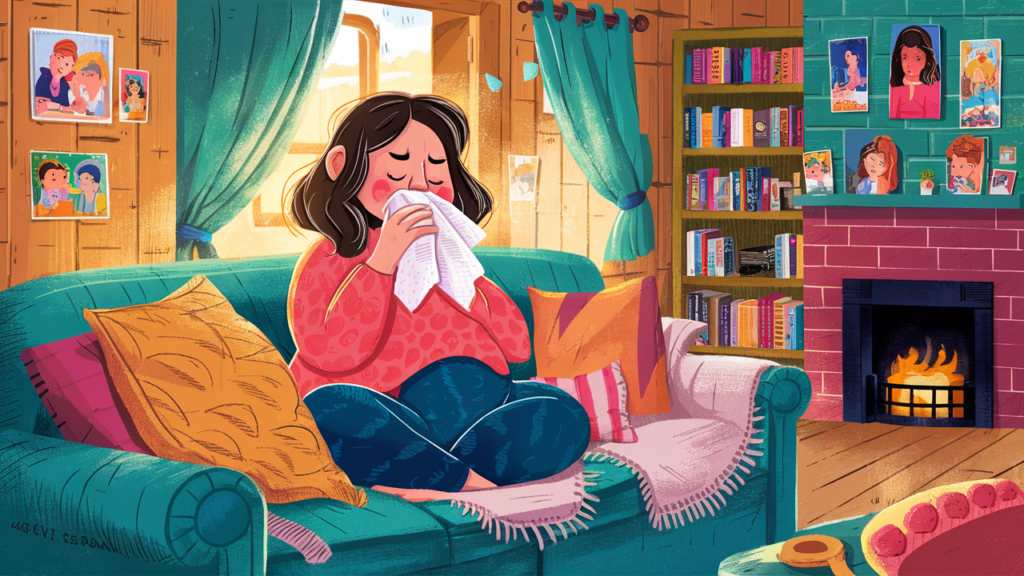 a woman is sneezing into a tissue at home hand drawn illustration bookcase and cosy atmosphere