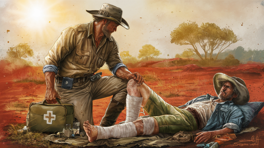 illustration of a cowboy in a rugged rural area helpnig an injured man
