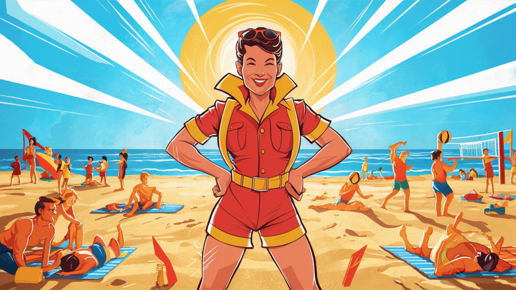 a lifeguard illustration dressed in red looking like a hero on the beach