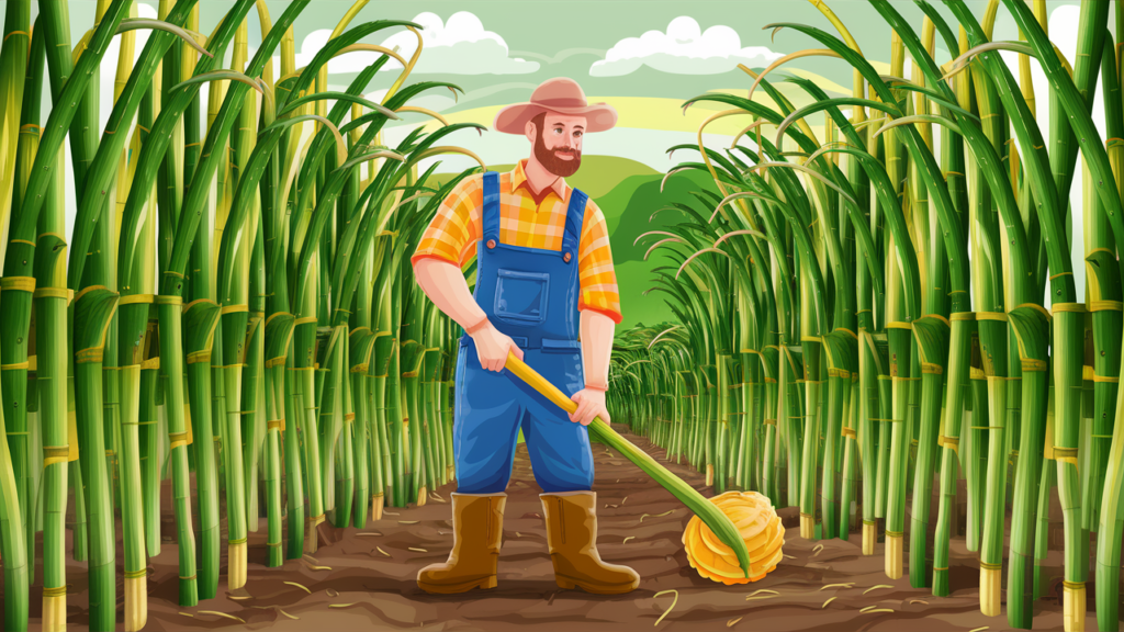 an illustration of a man cutting sugar cane in north queensland