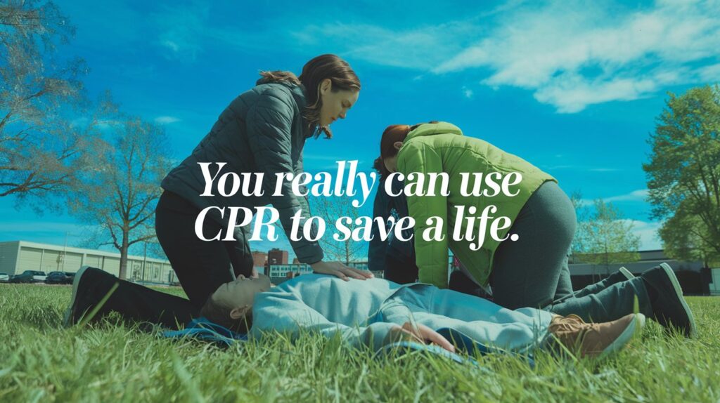 real-life scene of people performing CPR on a person lying on the ground.