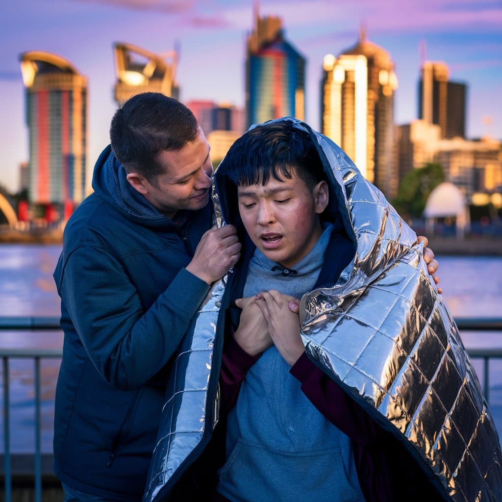 A person experiencing shock is wrapped in a thermal blanket and being comforted by another individual. They are outdoors with a cityscape in the background, showing tall buildings and a waterfront. The person appears distressed and cold.
