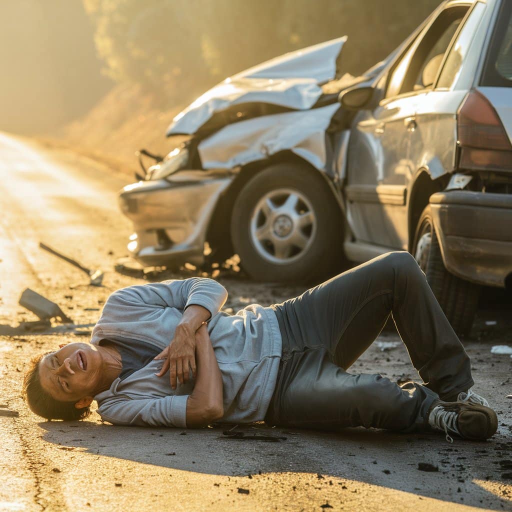  A person lying on the road, shivering from shock, after a car accident. The individual appears to be in pain, holding their chest, with wrecked cars in the background. The scene is set in daylight with a dramatic, emotional atmosphere.