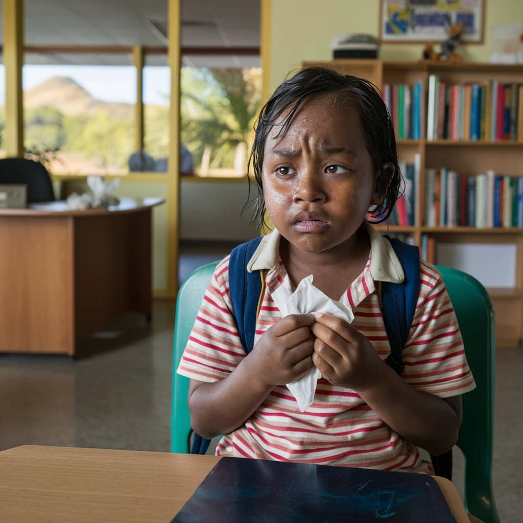  A young child experiencing shock, looking distressed and sweaty, sits indoors holding a tissue. The child has a backpack on and appears to be in a school or office setting with bookshelves and a desk in the background