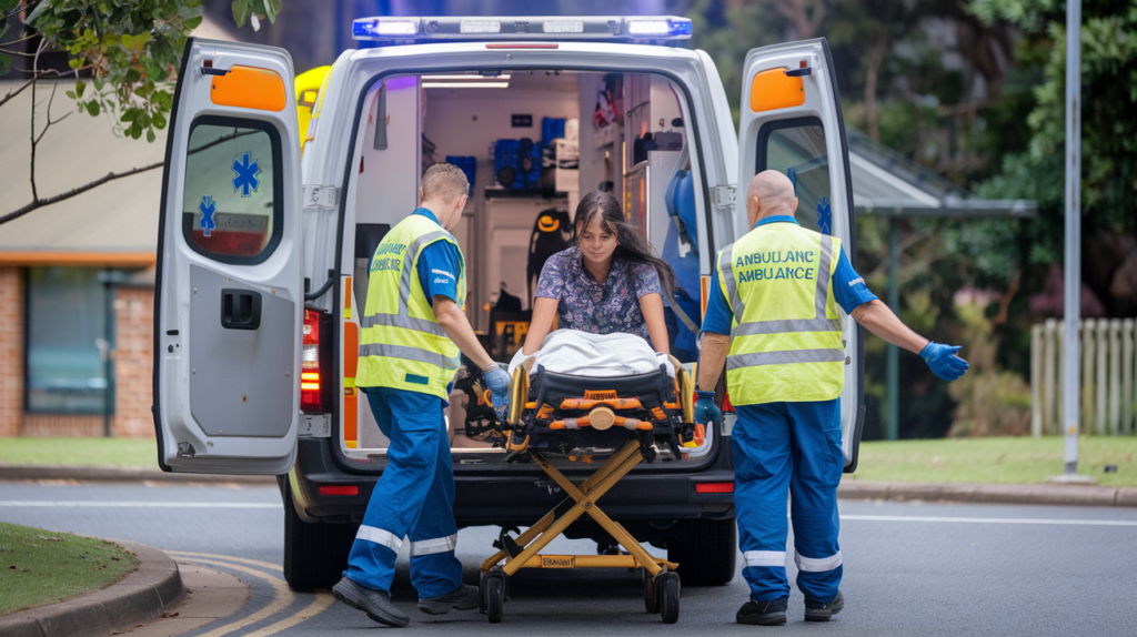 A photo of Queensland Ambulance Service personnel taking a patient into an ambulance. The patient, is on a stretcher and is being wheeled into the ambulance. 
