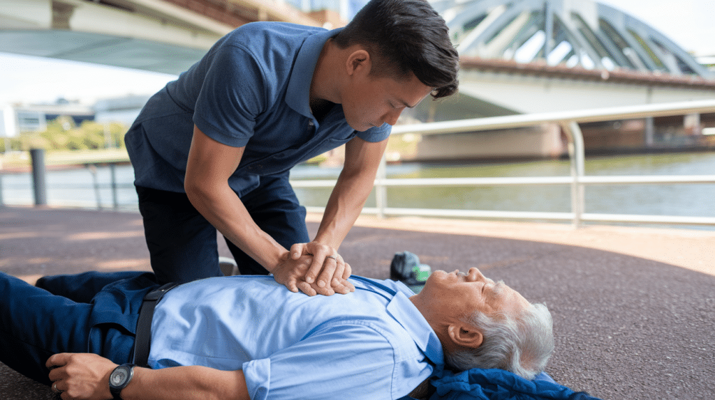 cpr is given to an elderly man near the banks of the river at st lucia university