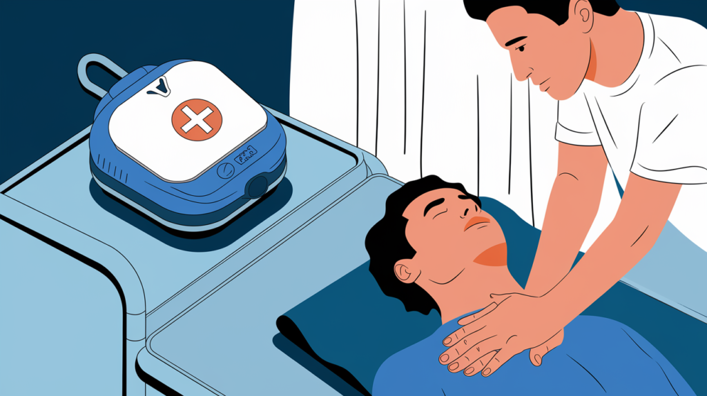 An illustration of a first aid station with a man receiving CPR on one side and an AED on the other. The man being given CPR is wearing a blue shirt and has his eyes closed. The rescuer performing CPR is wearing a white shirt. The AED is placed on a cart beside the man receiving CPR. There is a white curtain behind the scene. Less
