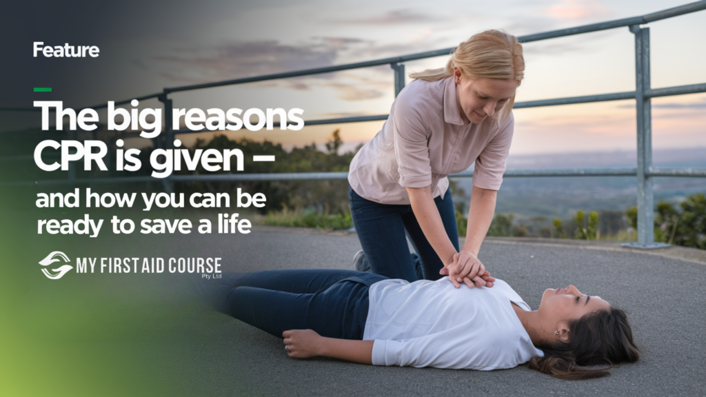 Woman performing CPR on an unconscious person outdoors, Mt Cootha Lookout demonstrating life-saving skills taught by My First Aid Course